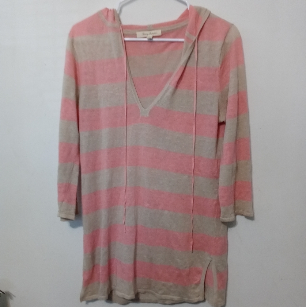 TOMMY BAHAMA 100% LINEN PINK OATMEAL STRIPED HOODED PULLOVER BEACH COVER UP SM
